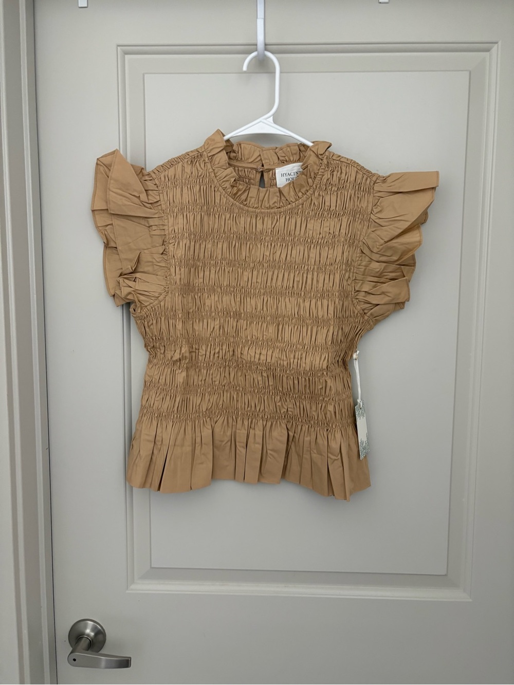 Tuckernuck Hyacinth House Smocked Ruffle Neck Blouse in Camel NWT Size XL